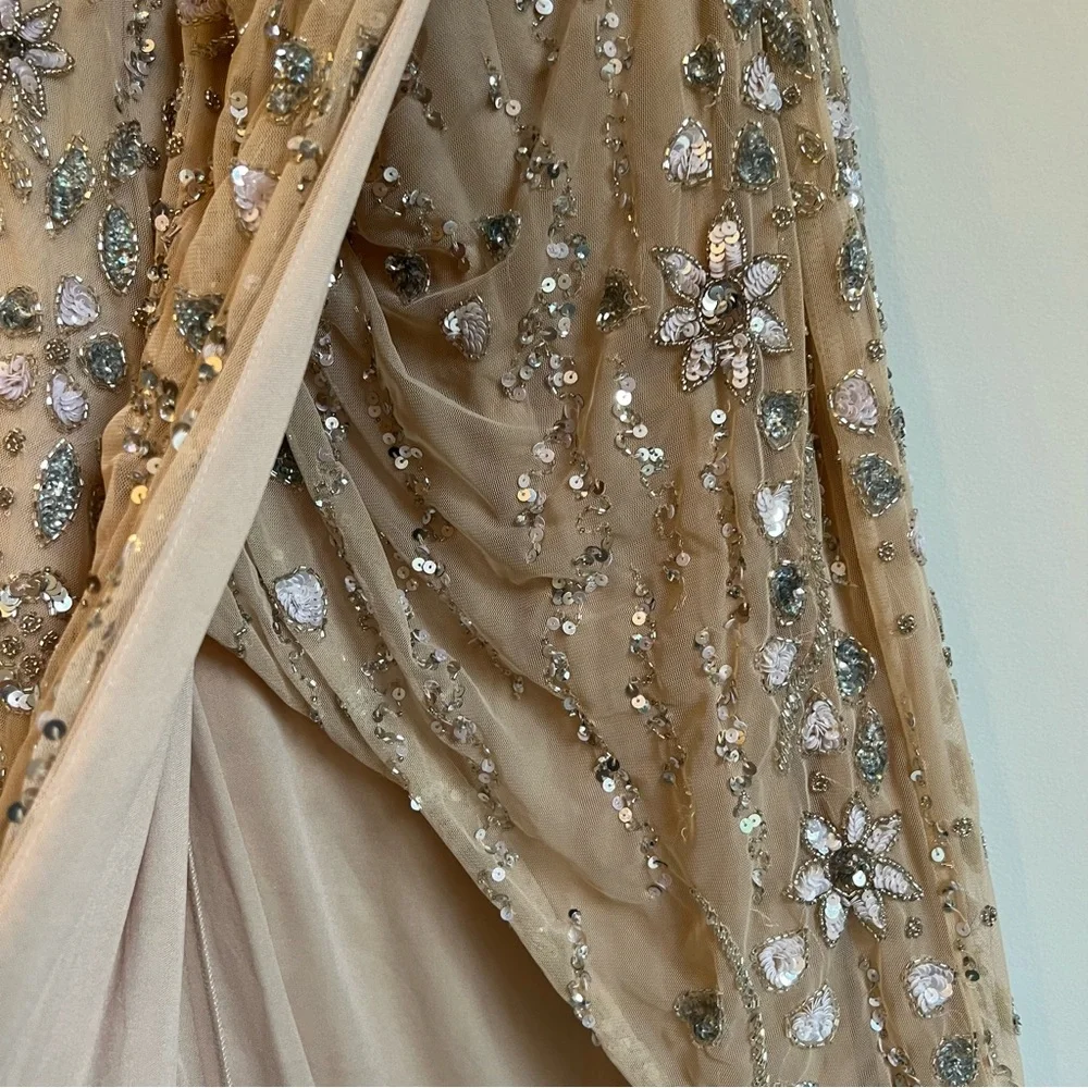 Mac Duggal Embellished One Shoulder Draped Maxi Gown Nude & Silver | Size 8 - Picture 11 of 16